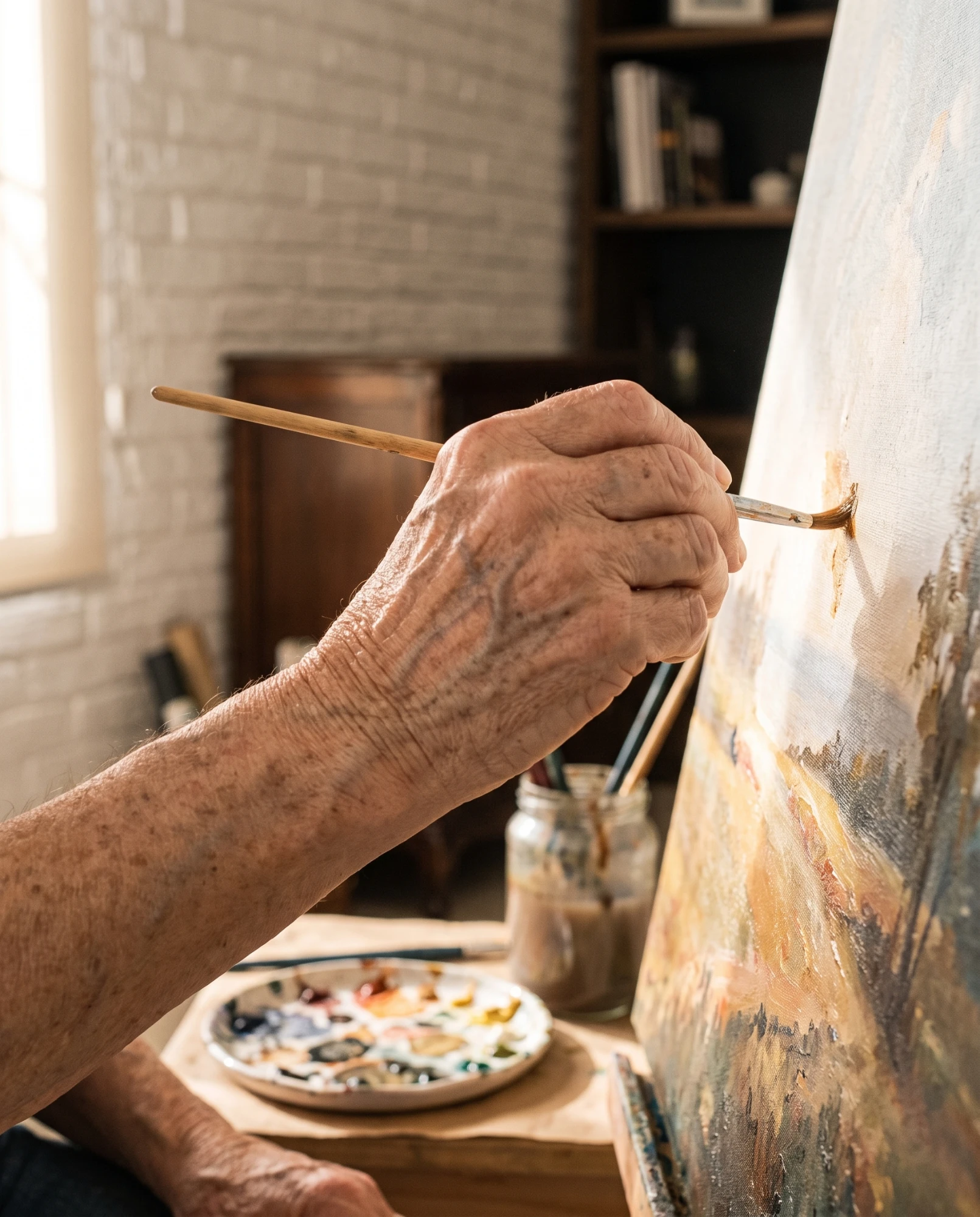 Mano pintando un paisaje al óleo sobre un lienzo en el atelier