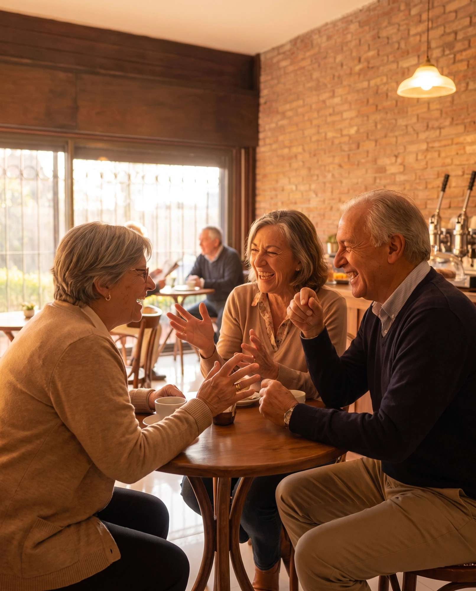 Amigos riéndose con un café en la cafetería de Casa 60