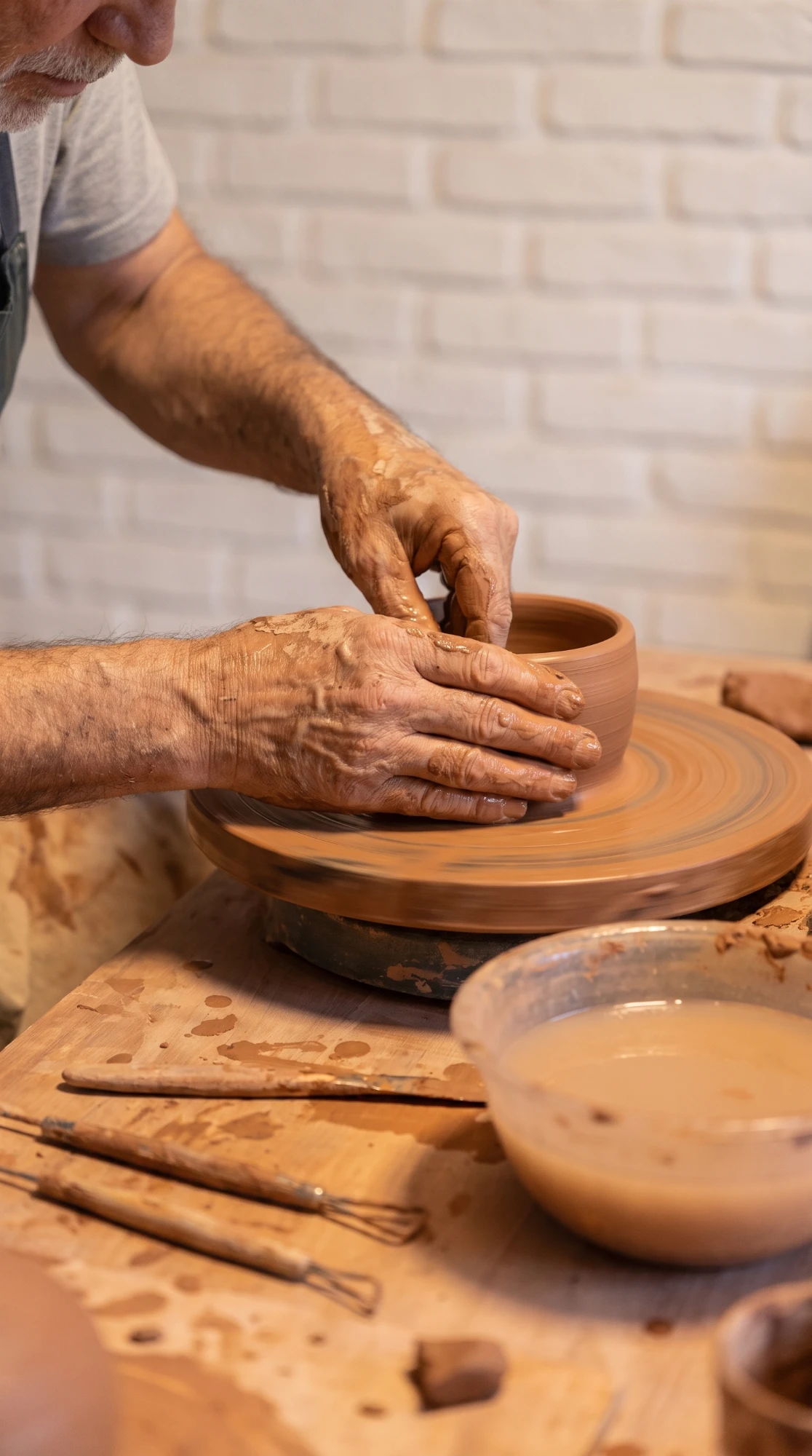 Manos dando forma a un cuenco de cerámica en el torno
