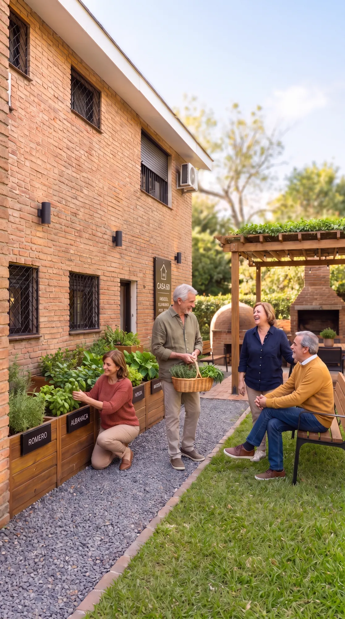 Socios cosechando hierbas en la huerta del jardín y charlando junto a la pérgola