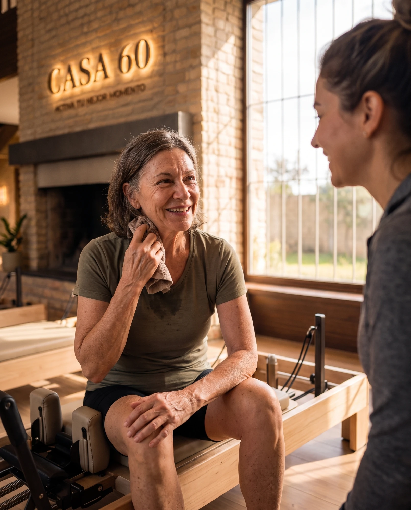 Una socia sonríe después de su clase de pilates, junto a la chimenea